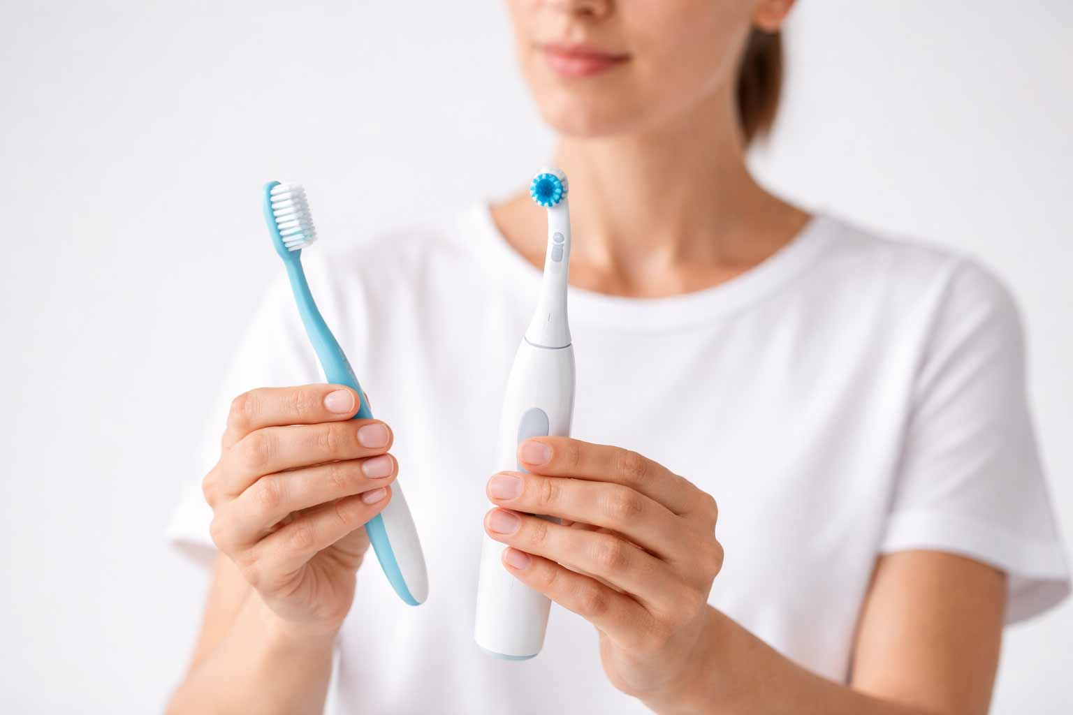 biogasteiz-cepillo-dientes-vitoria-gasteiz persona frente al espejo del baño comparando varios cepillos de dientes en la mano.