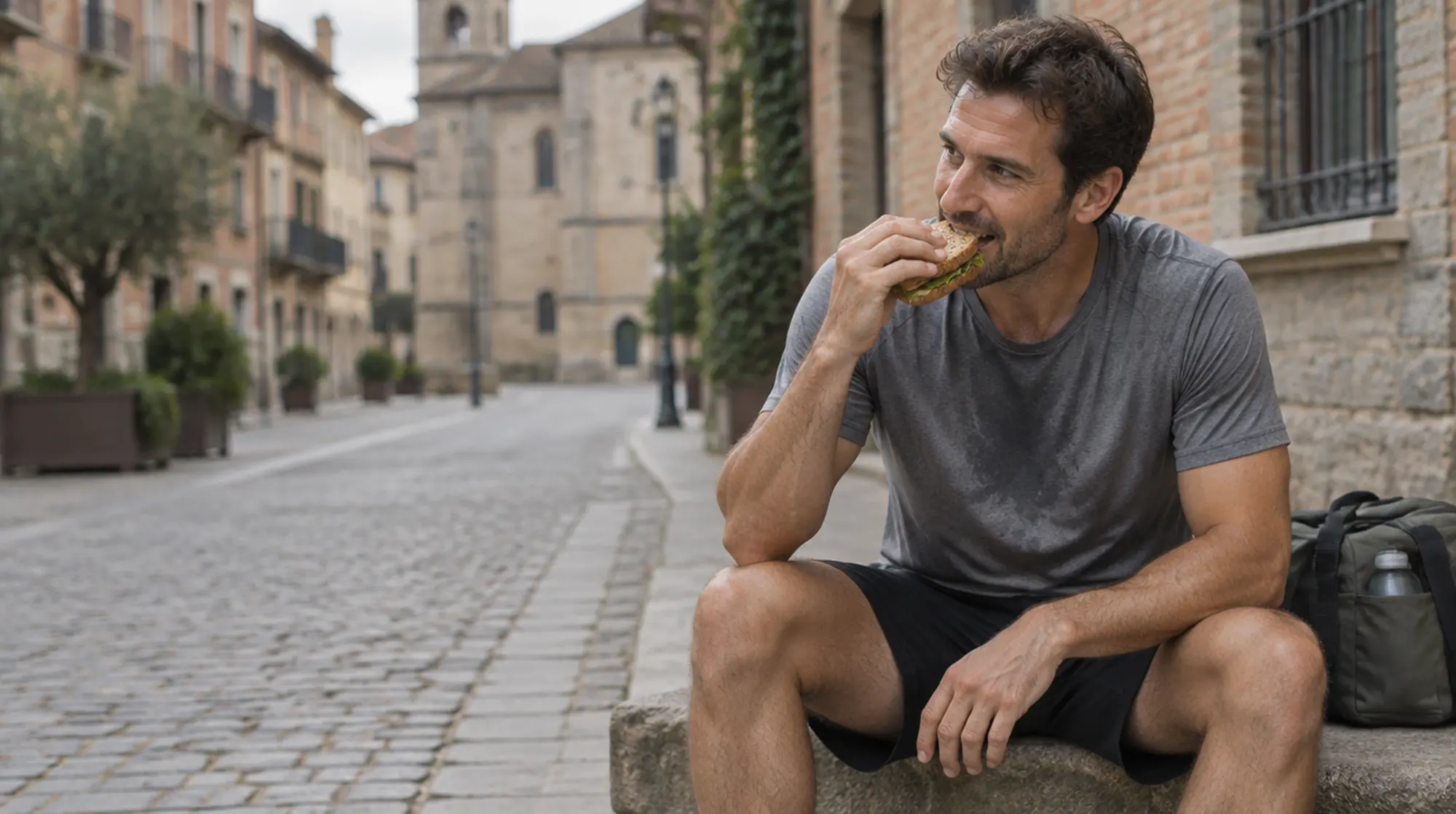 Hombre de unos 40 años comiendo un sándwich tras hacer deporte en una calle de Vitoria: ¿se puede comer después de un empaste